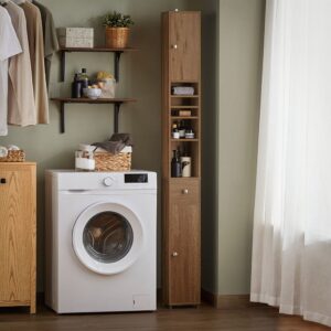 Hochschrank mit 5 Fächern und 1 Schublade Holz Natur 20x180x20cm Spanplatte Braun SoBuy Möbel Badezimmermöbel Badezimmerschränke