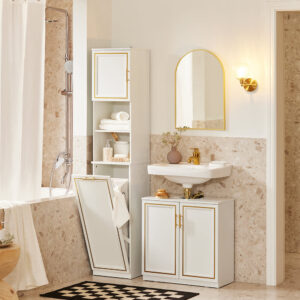 wohnli-moebel-suche-M24082080-1 Hochschrank mit ausklappbarem Wäschesack Holz Weiß-Gold 33x171x32cm Spanplatte Weiß SoBuy Möbel Badezimmermöbel Badezimmerschränke