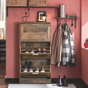 wohnli-moebel-suche-M24082087-1 Schuhschrank mit 3 Klappen Holz Vintagebraun 60x115x23cm Spanplatte Braun SoBuy Möbel Flurmöbel Schuhschränke