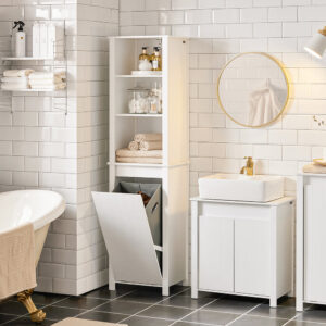 Hochschrank mit ausklappbarem Wäschesack Holz Weiß 45x171x35cm Spanplatte Weiß SoBuy Möbel Badezimmermöbel Badezimmerschränke