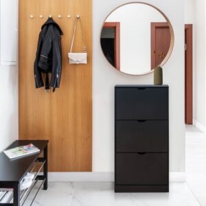 Schuhschrank mit 3 Türen Holzeffekt Schwarz für 12 Paar Schuhe 60x119x23cm Spanplatte Schwarz Mobili Rebecca Möbel Flurmöbel Schuhschränke