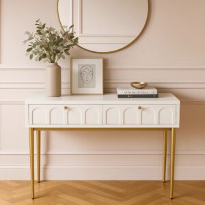 wohnli-moebel-suche-M24085642-1 Weiß-goldener Konsolentisch mit eleganten Designer-Schubladen 100x45x77cm Spanplatte Weiß Urban Meuble Möbel Schlafzimmermöbel Schränke