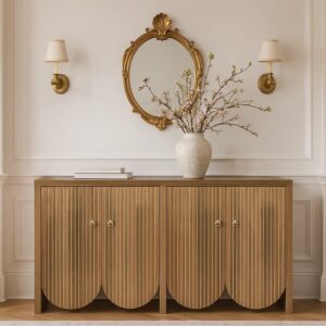 wohnli-moebel-suche-M24085647-1 Niedriges Sideboard aus geripptem Holz mit Türen 147x80x40cm Spanplatte Braun Urban Meuble Möbel Schlafzimmermöbel Kommoden
