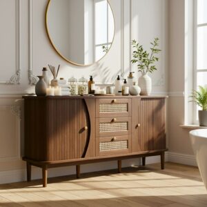 Dunkles Holz-Sideboard mit geflochtenen Fronten und goldenen Griffen 141x73x40cm Spanplatte Braun Urban Meuble Möbel Schlafzimmermöbel Kommoden