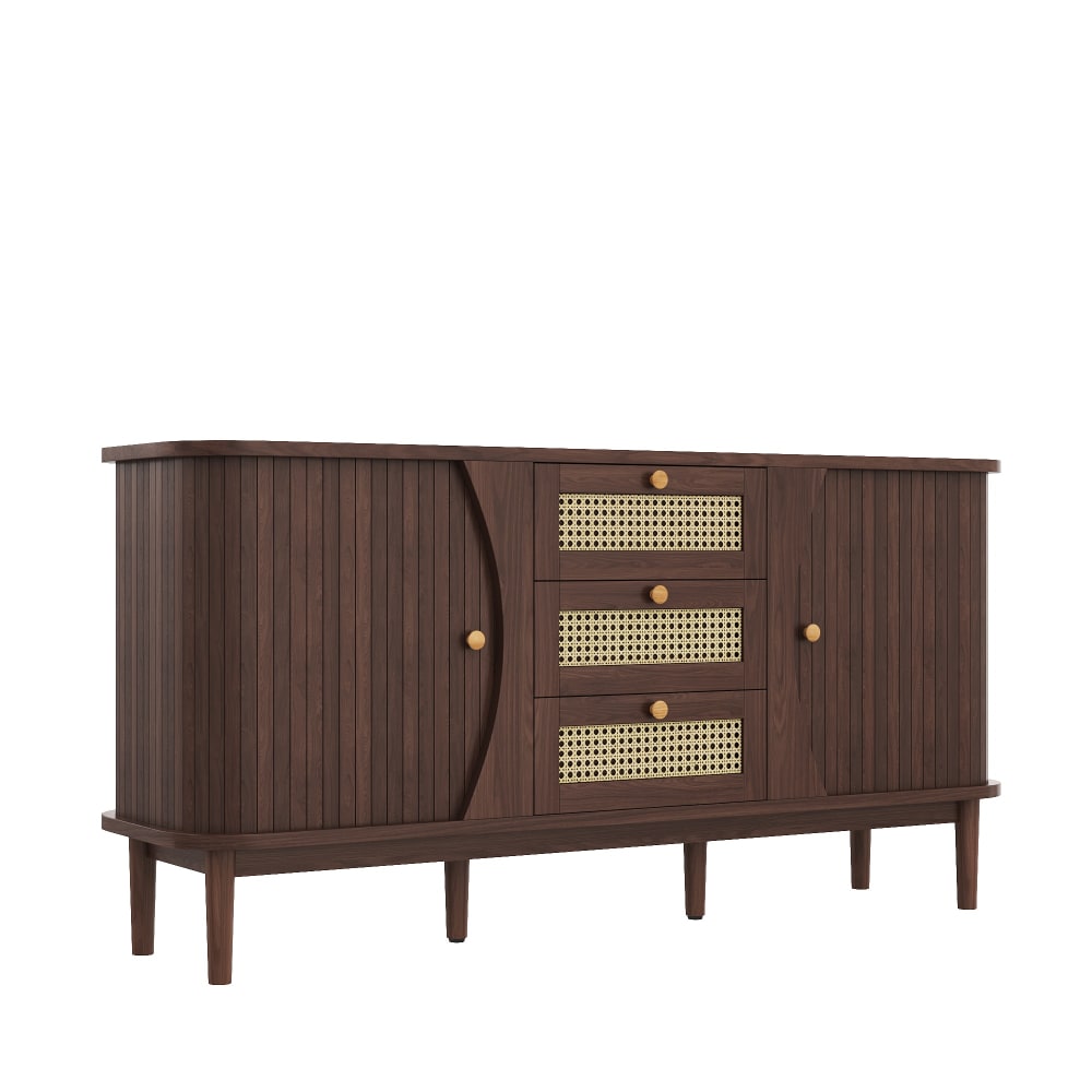 Wohnli Möbelsuche - Dunkles Holz-Sideboard mit geflochtenen Fronten und goldenen Griffen