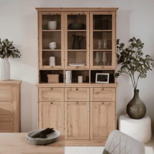 wohnli-moebel-suche-M24087034-1 Vitrine 6 Türen 3 Schubladen und 3 Fächer B120 cm - Eichendekor 120x200x40cm Spanplatte Braun Calicosy Möbel Esszimmermöbel Vitrine und Vitrinenschrank