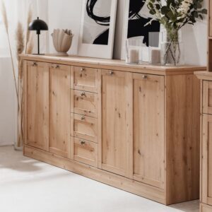 wohnli-moebel-suche-M24087058-1 Sideboard 4 Türen mit Metallgriffen B200 cm - Eichendekor 200x90x40cm Spanplatte Braun Calicosy Möbel Schlafzimmermöbel Kommoden