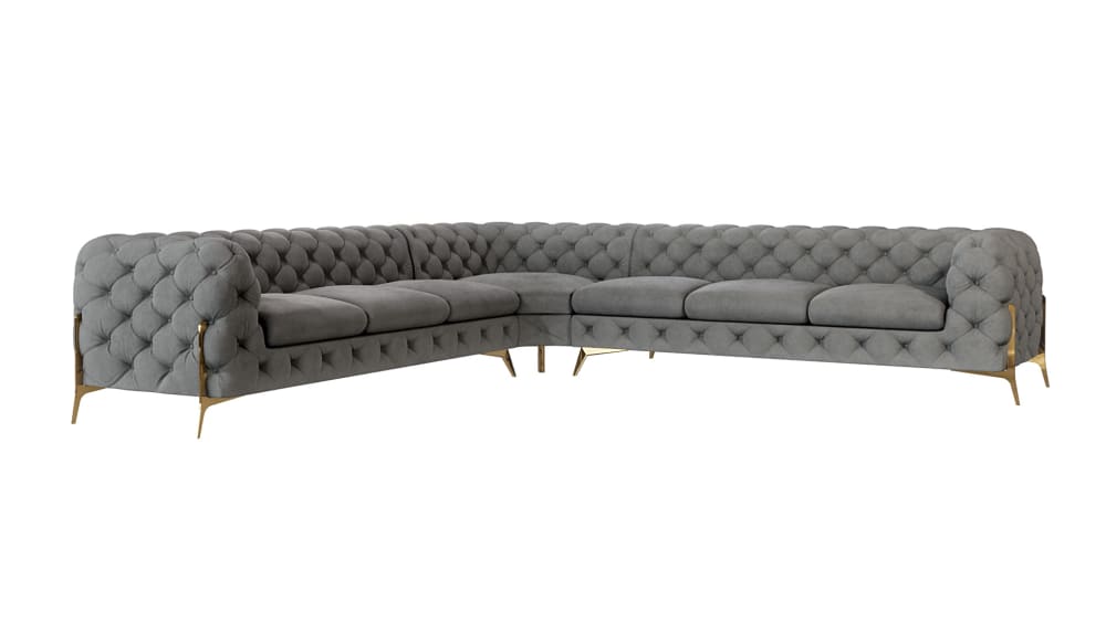 wohnli-moebel-suche-M24087427 Wohnli Möbelsuche - Ecksofa Chesterfield aus Samt mit goldenen Metall-Füßen