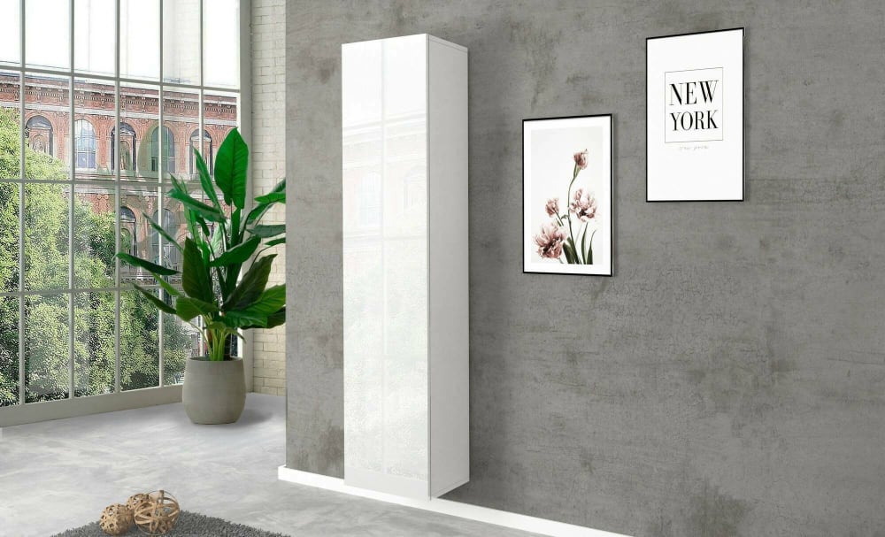 Mehrzweckschrank 1 Tür mit glänzend weißem Holzeffekt 40x30h180 cm 40x180x30cm Holz Weiß Dmora Möbel