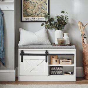 Schuhbank mit Stauraum aus MDF und Metall Weiß 80x49x30cm Spanplatte Weiß SoBuy Möbel Flurmöbel Schuhschränke