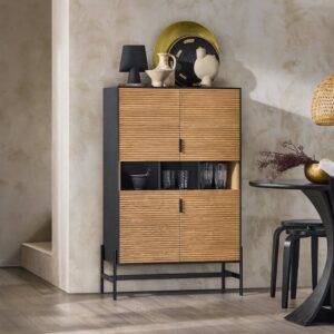 Küchenschrank aus Holz und Metall Schwarz-Natur 84x132x40cm Spanplatte Schwarz SoBuy Möbel Schlafzimmermöbel Kommoden