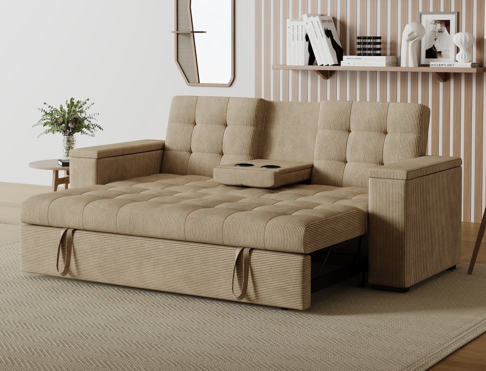 3-Sitzer-Schlafsofa aus beigem Cord 208x84x102cm Holz Beige Concept Usine Sofas und Sessel Sofas Schlafsofas
