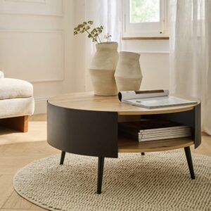 Couchtisch Runder mit 2 Ebenen und schwarzen Metallseiten D80 cm 80x39x80cm Spanplatte Braun Calicosy Möbel Wohnzimmermöbel Couchtische