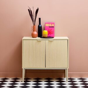 Sideboard mit geriffeltem Holzdekor und champagnerfarbenem Metall, 80x75x40cm Spanplatte Beige sweeek Möbel Esszimmermöbel Sideboards, Highboards & niedrige Anrichten