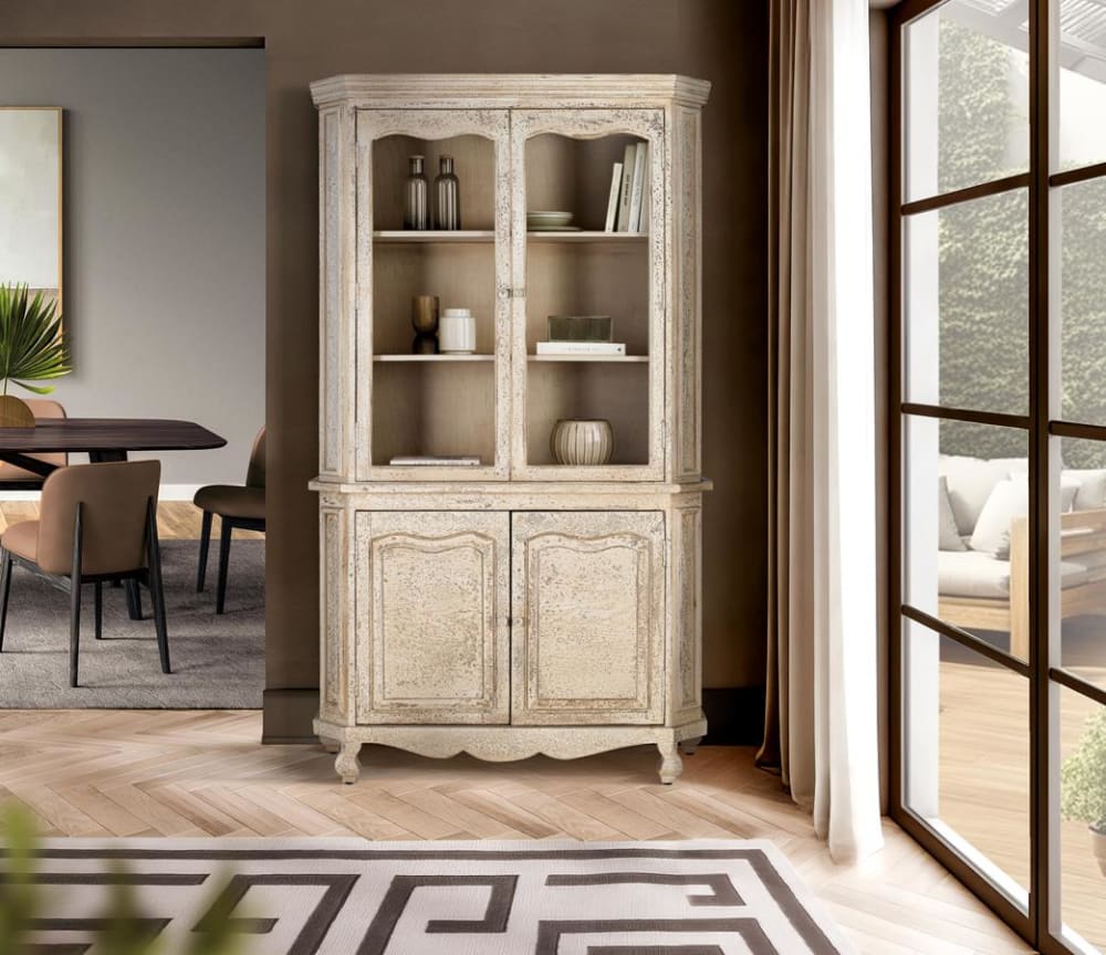 Vitrine mit 4 Türen handgefertigt aus Mangoholz 120x207x40cm Holz Beige GINER Y COLOMER Möbel Esszimmermöbel Vitrine und Vitrinenschrank