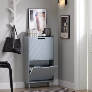 wohnli-moebel-suche-M24095937-1 Schuhschrank mit 2 Klappen aus Holz und Metall Hellgrau 50x91x19cm Spanplatte Grau SoBuy Möbel Flurmöbel Schuhschränke