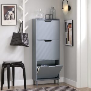 wohnli-moebel-suche-M24095938-1 Schuhschrank mit 3 Klappen aus Holz und Metall Hellgrau 50x129x19cm Spanplatte Grau SoBuy Möbel Flurmöbel Schuhschränke