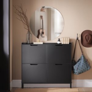 Schuhschrank mit 4 Klappen aus Holz und Metall Schwarz 100x91x19cm Spanplatte Schwarz SoBuy Möbel Flurmöbel Schuhschränke