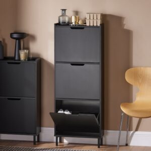 wohnli-moebel-suche-M24095942-1 Schuhschrank mit 3 Klappen aus Holz und Metall Schwarz 50x129x19cm Spanplatte Schwarz SoBuy Möbel Flurmöbel Schuhschränke