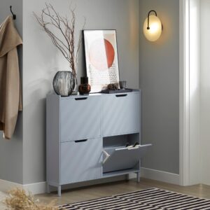 Schuhschrank mit 4 Klappen aus Holz und Metall Hellgrau 100x91x19cm Spanplatte Grau SoBuy Möbel Flurmöbel Schuhschränke