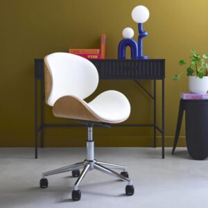 Weißer Bürostuhl mit Rollen nussbaumfarbenes Furnier 51x87x53cm Leder Weiß sweeek Möbel Büromöbel Bürostühle