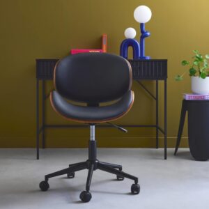 Schwarzer Bürostuhl mit Rollen nussbaumfarbenes Furnier 51x87x53cm Leder Schwarz sweeek Möbel Büromöbel Bürostühle