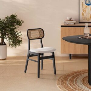 Stuhl-set 2 schwarzen mit Schaffellimitat und synthetischem Rattan 47x80x50cm Holz Schwarz HOMN Möbel Esszimmermöbel Stühle