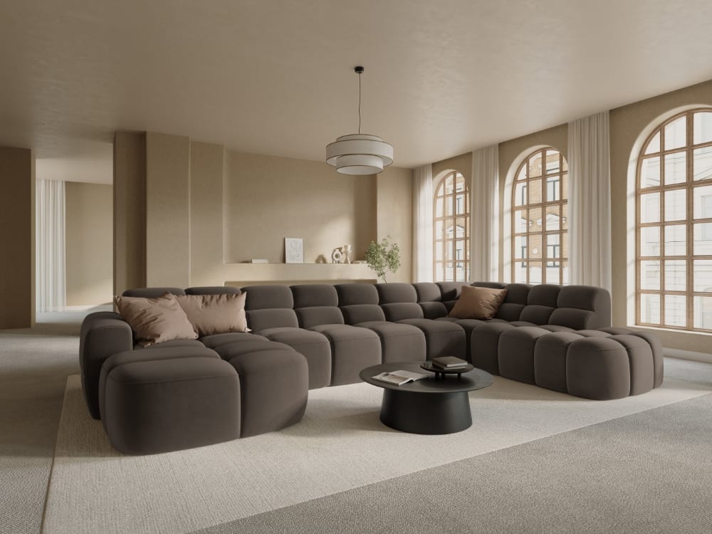 7-Sitzer Panoramasofa rechts aus Samt hellbraun 387x79x234cm Samt Braun Micadoni Home Sofas und Sessel Sofas Wohnlandschaften
