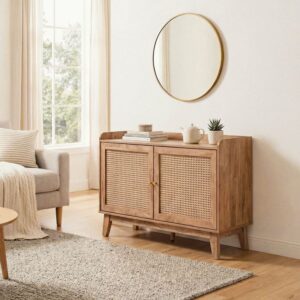 Anrichte mit 2 Türen und Geflecht Rattan - L110 cm 110x75x39cm Spanplatte Beige Calicosy Möbel Esszimmermöbel Sideboards, Highboards & niedrige Anrichten