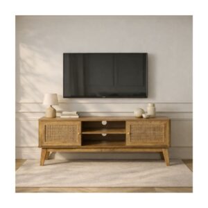 wohnli-moebel-suche-M24109179-1 TV-Möbel 2 Türen mit Rattan-Geflecht L140 cm - PALMO 140x49x39cm Spanplatte Beige Calicosy Möbel Wohnzimmermöbel TV-Möbel