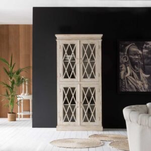 Handgefertigte Vitrine aus Holz und Glas beige 90x40x183 90x183x40cm Holz Beige Wanderlust deco Möbel Esszimmermöbel Vitrine und Vitrinenschrank