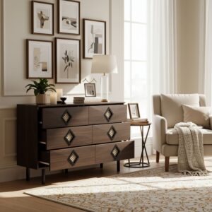 Sideboard aus dunklem Holz mit geometrischen Details 120x75x40cm Spanplatte Braun Urban Meuble Möbel Schlafzimmermöbel Kommoden