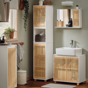 Hochschrank Badezimmerschrank aus MDF(E1) Bambus Weiß-Natur 33x165x33cm Spanplatte Weiß SoBuy Möbel Badezimmermöbel Bad-Hochschränke