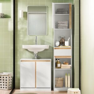 Hochschrank mit 2 Türen Badezimmerschrank aus MDF(E1) Weiß 35x170x33cm Spanplatte Weiß SoBuy Möbel Badezimmermöbel Bad-Hochschränke