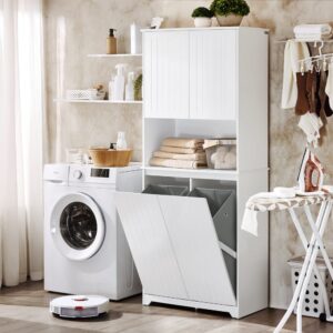 wohnli-moebel-suche-M24110436-1 Hochschrank mit Wäschesack Badezimmerschrank aus MDF(E1) Weiß 70x170x37cm Spanplatte Weiß SoBuy Möbel Badezimmermöbel Bad-Hochschränke