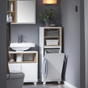 wohnli-moebel-suche-M24110444-1 Wäscheschrank mit Wäschesack Badezimmerschrank aus MDF(E1) Weiß 35x105x30cm Spanplatte Weiß SoBuy Möbel Badezimmermöbel