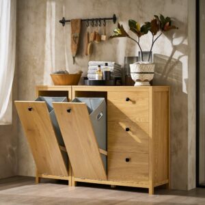 wohnli-moebel-suche-M24110452-1 Wäscheschrank mit Wäschesäcken Badezimmerschrank aus MDF(E1) Natur 80x90x35cm Spanplatte Braun SoBuy Möbel Badezimmermöbel