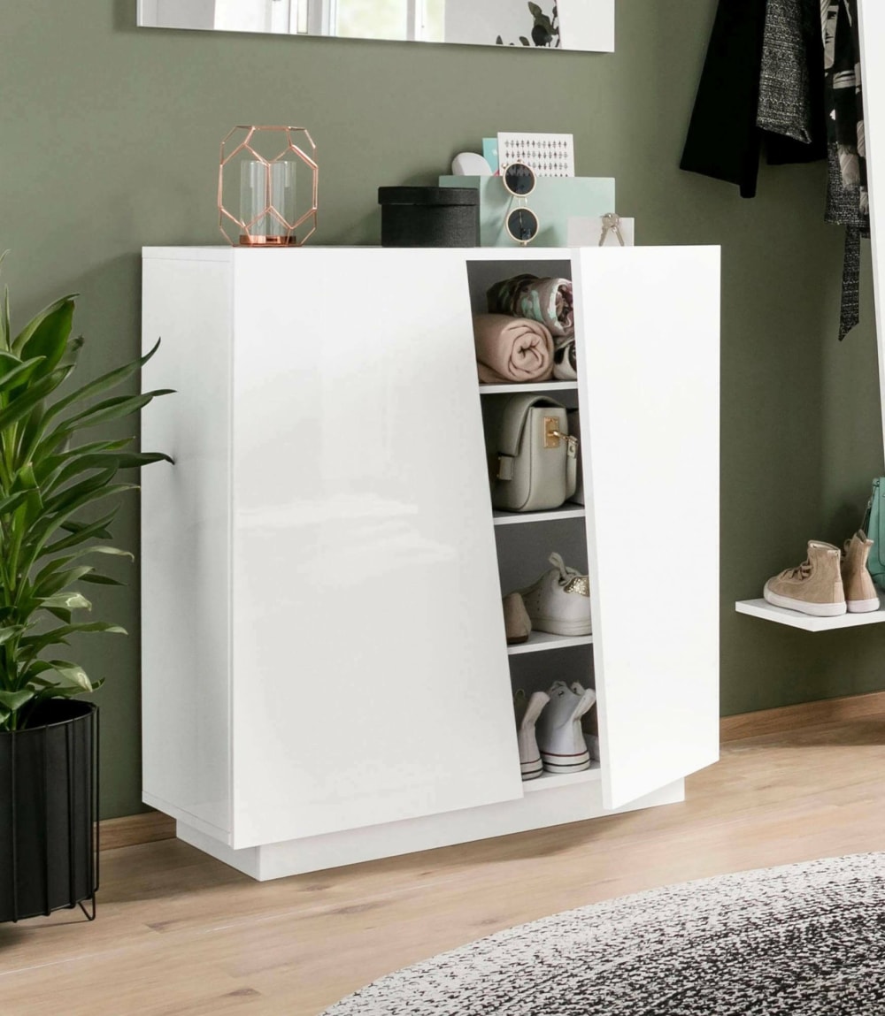 wohnli-moebel-suche-M24110455-1 Schuhschrank Hochglanz weiß Holzeffekt 80x38h86 cm 80x86x38cm Holz Weiß Dmora Möbel Flurmöbel Schuhschränke