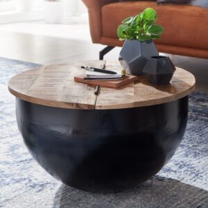 wohnli-moebel-suche-M24111022-1 Couchtisch rund mit Stauraum aus Metall Schwarz 60x34x60cm Holz Schwarz FineBuy Möbel Wohnzimmermöbel Couchtische