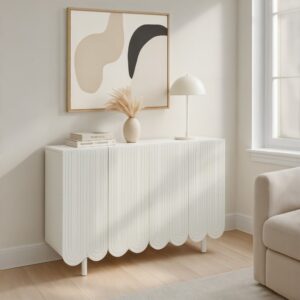 Weiße Konsole mit 3 gewellten Türen 120x81x38cm Spanplatte Weiß Urban Meuble Möbel Wohnzimmermöbel Konsolentische