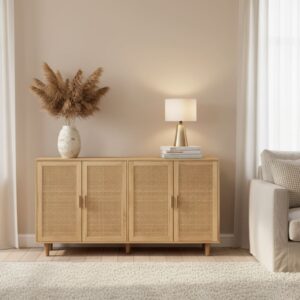 Sideboard aus hellem Holz mit Türen aus Naturrohr. 158x88x40cm Spanplatte Beige Urban Meuble Möbel Schlafzimmermöbel Kommoden