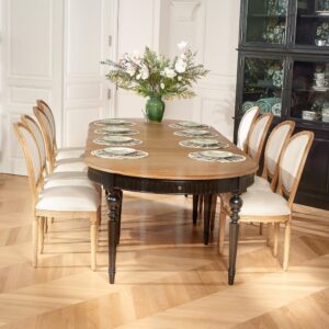 Ovaltischer aus Eiche mit 5 Verlängerungen für 6/12 Gedecke schwarz 350x77x120cm Holz Weiß Robin des Bois Möbel Esszimmermöbel Esstische