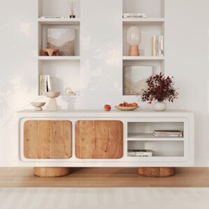 TV-Möbel aus creméweißen Beton und Akazienholz 150 cm 150x55x40cm Holz Weiß Maison Pavane Möbel Wohnzimmermöbel TV-Möbel