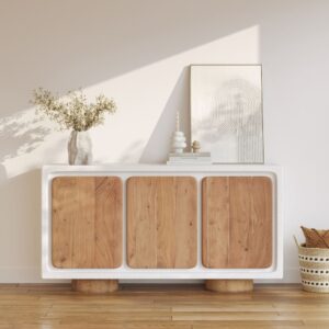Buffet aus cremeweißem Beton und Akazienholz 160x85x45cm Holz Weiß Rendez-Vous Déco Möbel Esszimmermöbel Sideboards, Highboards & niedrige Anrichten
