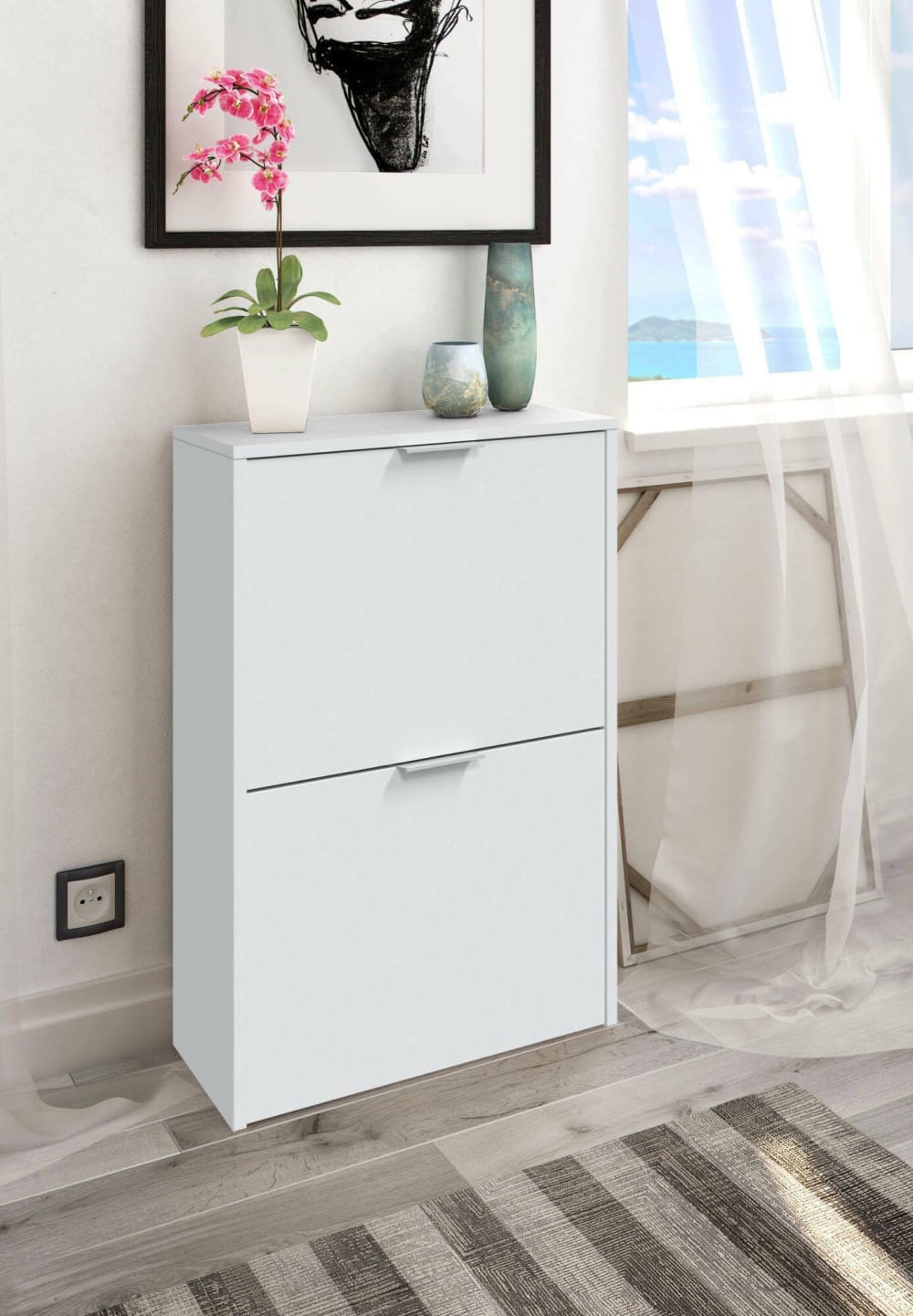 wohnli-moebel-suche-M24119345-1 Schuhschrank weiß Holzoptik 90x60h80 cm 50x75x22cm Holz Weiß Dmora Möbel Flurmöbel Schuhschränke
