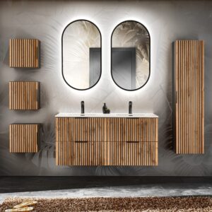 Doppelwaschtisch und Hängesäule Holzoptik in Eichenoptik und Schwarz 120x59x46cm Spanplatte Braun Petits meubles Möbel Badezimmermöbel Waschtische