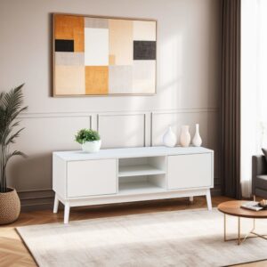 wohnli-moebel-suche-M24122347-1 TV-Schrank mit 2 Türen und 2 Regalen aus weißem Spanplatten 120x48x40cm Spanplatte Weiß Mobili Rebecca Möbel Wohnzimmermöbel TV-Möbel