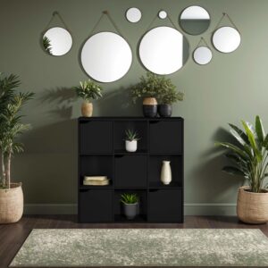 wohnli-moebel-suche-M24122377-1 Bücherregal mit 3 Regalen und 9 Fächern aus schwarzem Spanplatten 90x90x30cm Spanplatte Schwarz Mobili Rebecca Möbel Wohnzimmermöbel Bücherregale