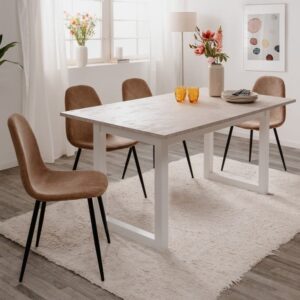 wohnli-moebel-suche-M24122722-1 Ausziehbarer Esstisch Dekor Travertin und Weiß L160-200 cm – HOUSTON 160x75x90cm Spanplatte Weiß Calicosy Möbel Esszimmermöbel Esstische