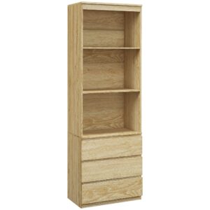 wohnli-moebel-suche-M24122748-1 3-Etagen-Bibliothek mit Schubladen & Naturholz-Optik 60x180x35cm Spanplatte Beige Homcom Möbel Wohnzimmermöbel Bücherregale